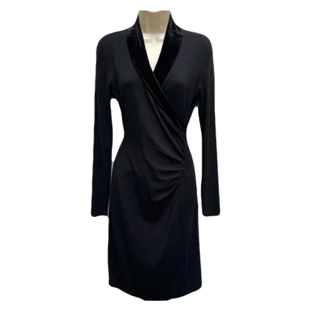 T Tahari Women Black Long Sleeve Wrap Dress With Velvet Collar